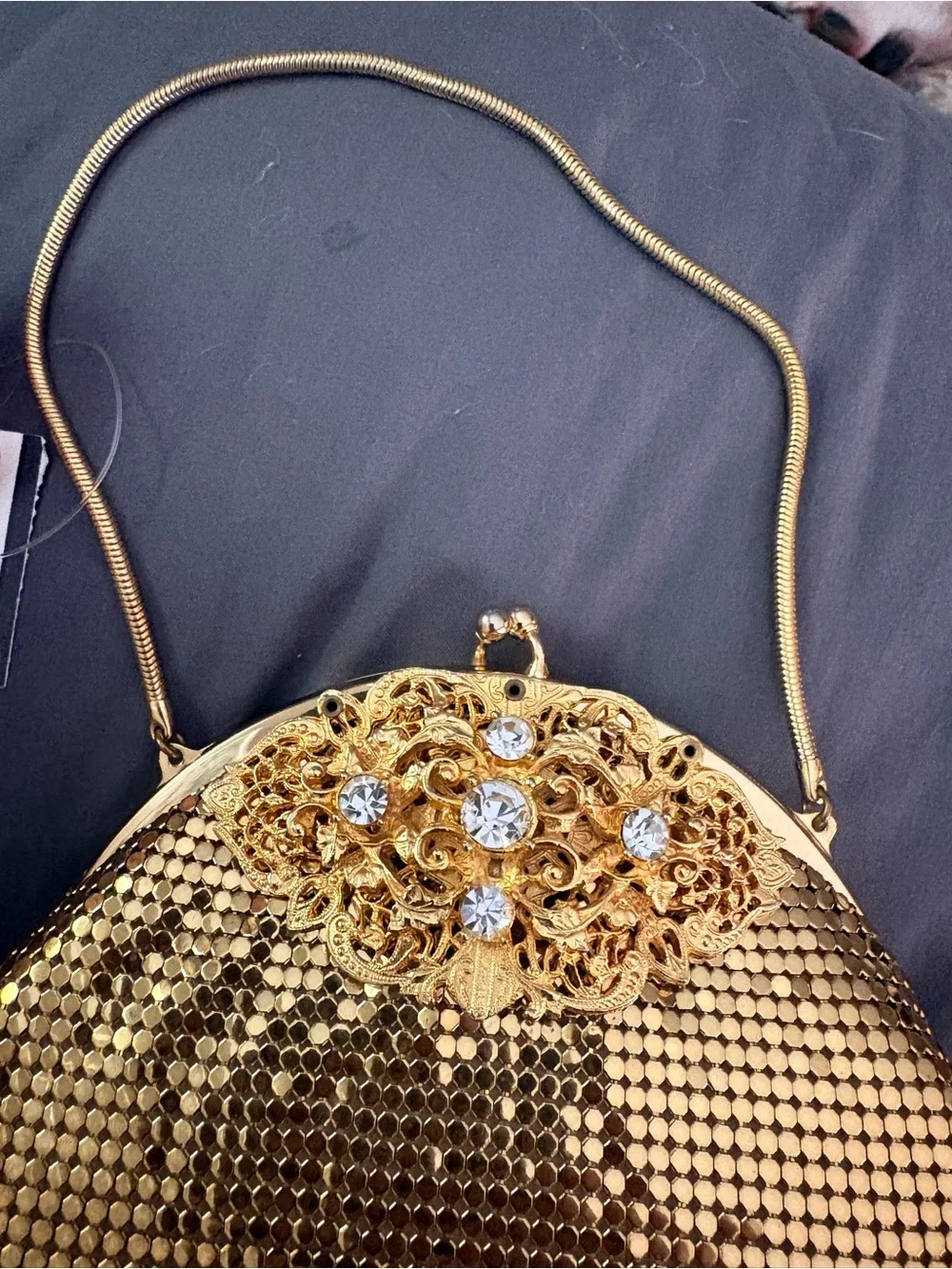 VTG 1960s Whiting Davis Gold Mesh Frame Evening Bag Chain & Crystal Design RARE